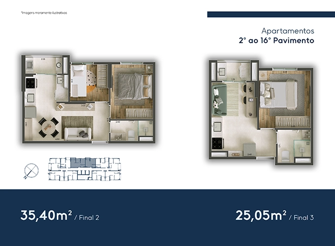 22.Plantas - 35,40m² e 25,05m² - 2º ao 16º